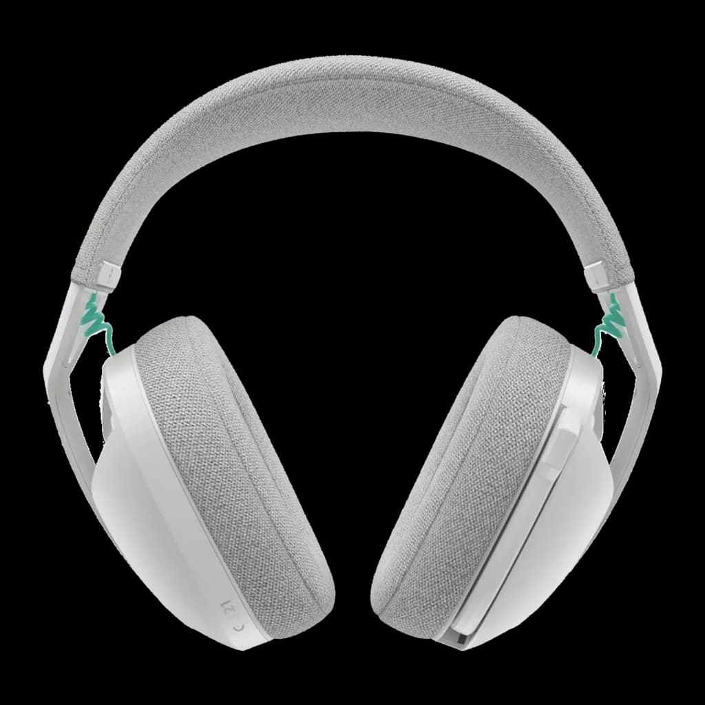 Logitech Casque G321 Blanc, vue de face: coussinets en tissu, arceau rembourré et accents vert menthe