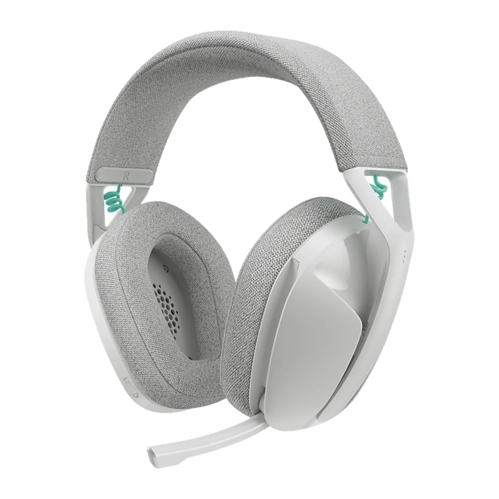 Logitech Auriculares G321 Branco, vista frontal: almofadas de tecido, arco acolchoado e detalhes em verde menta - Item1