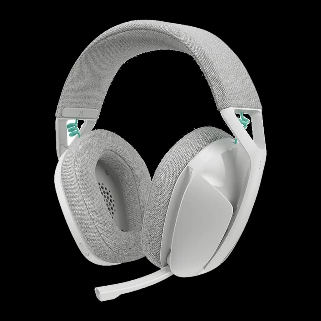 Logitech Casque G321 Blanc, vue en angle: microphone amovible visible et coussinets en tissu avec grille