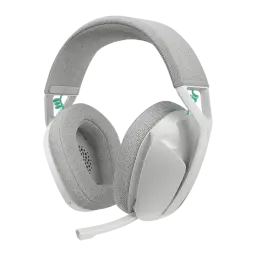Logitech Casque G321 Blanc, vue en angle: microphone amovible visible et coussinets en tissu avec grille