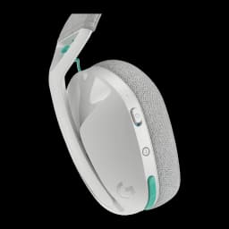 Logitech Casque G321 Blanc, détail latéral: bouton d'alimentation, bouton Bluetooth et molette de volume vert menthe