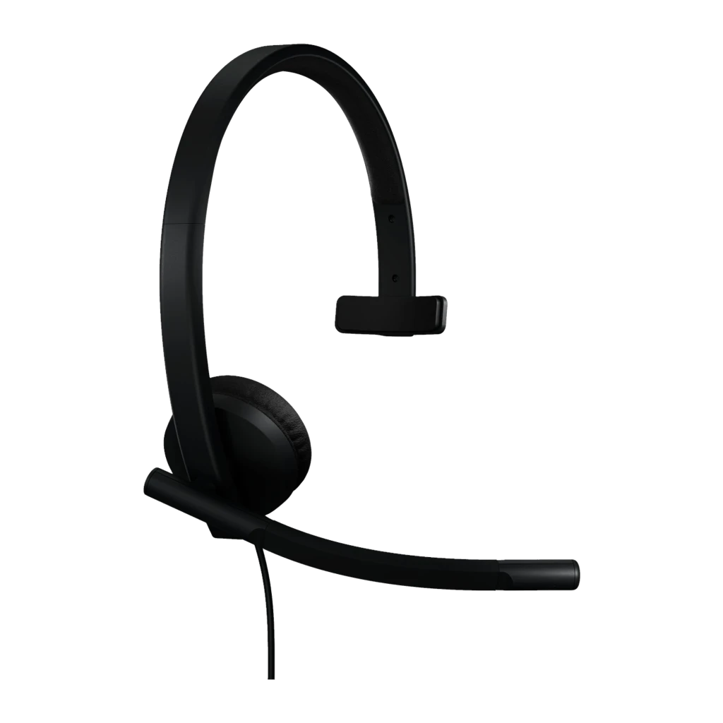Logitech Auriculares H570e Mono USB-A Preto, vista lateral esquerda: arco, almofada mono e microfone flexível - Item1