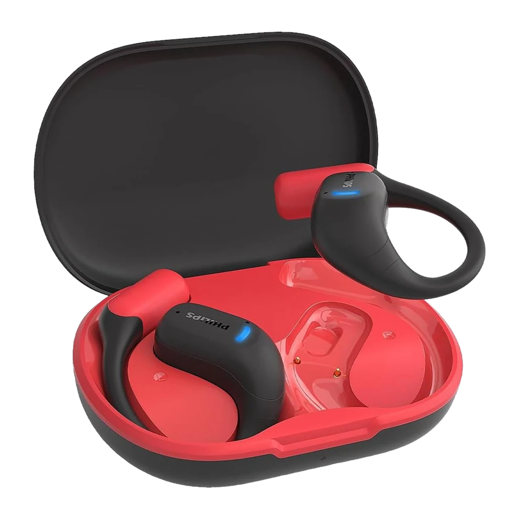 Philips TAA6709BK Open-Ear True Wireless negro, vista cenital: auricular derecho fuera del estuche rojo abierto con LED azul - Ítem1