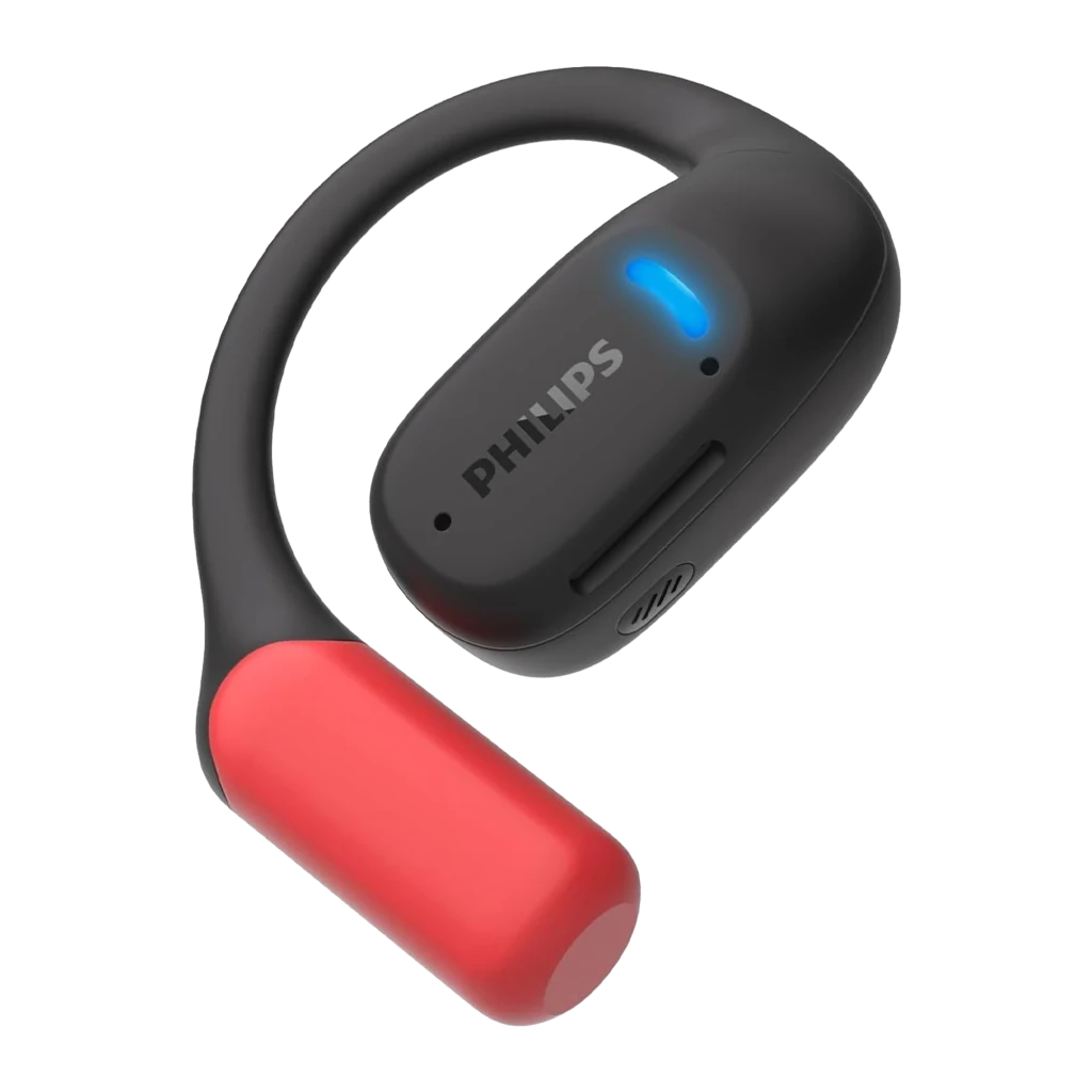 Philips TAA6709BK Open-Ear True Wireless negro, vista cenital: auricular derecho fuera del estuche rojo abierto con LED azul - Ítem2