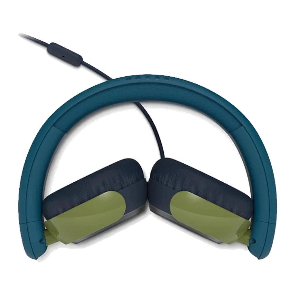 Philips TAK2000CT casque enfants bleu, vue de face: arceau bleu, coussinets verts et câble avec microphone - Ítem3