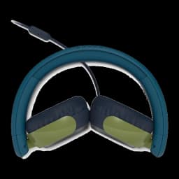 Philips TAK2000CT casque enfants bleu, vue inférieure plié: coussinets verts face à face et arceau bleu courbé