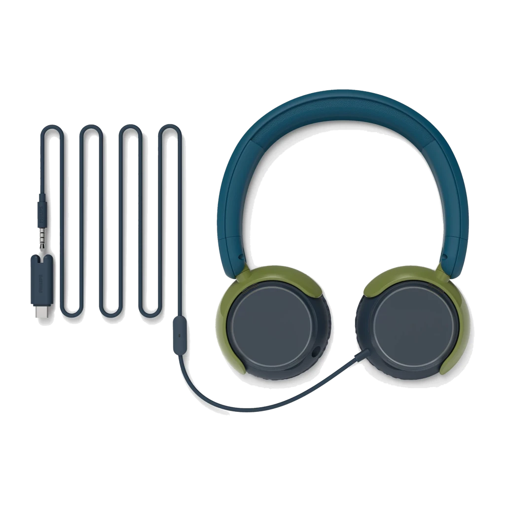 Philips TAK2000CT casque enfants bleu, vue de face: arceau bleu, coussinets verts et câble avec microphone - Ítem4