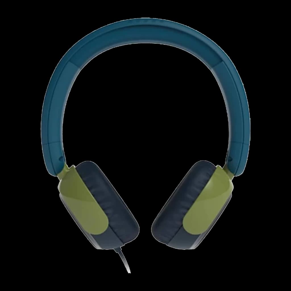 Philips TAK2000CT casque enfants bleu, vue de face: arceau bleu, coussinets verts et câble avec microphone