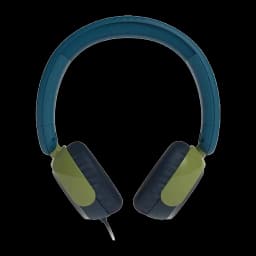 Philips TAK2000CT casque enfants bleu, vue de face: arceau bleu, coussinets verts et câble avec microphone