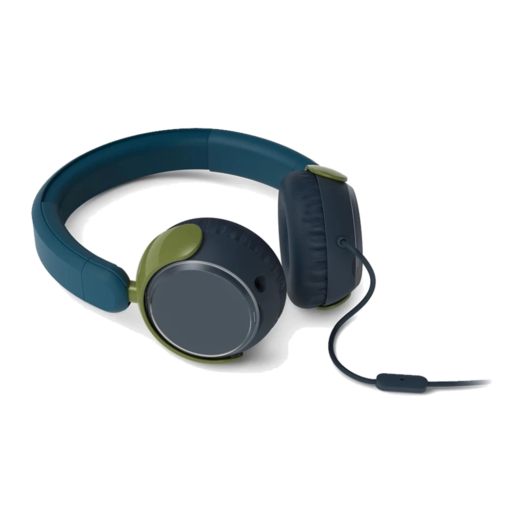 Philips TAK2000CT casque enfants bleu, vue de face: arceau bleu, coussinets verts et câble avec microphone - Ítem1
