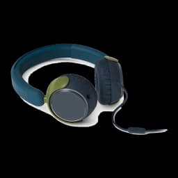 Philips TAK2000CT casque enfants bleu, vue latérale gauche: coque grise du haut-parleur et accent vert visible