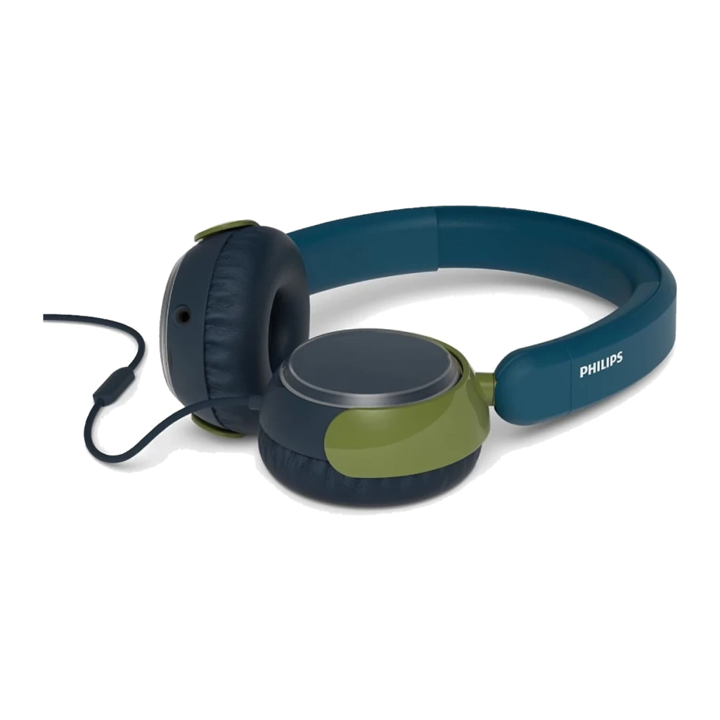 Philips TAK2000CT casque enfants bleu, vue de face: arceau bleu, coussinets verts et câble avec microphone - Ítem2