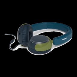 Philips TAK2000CT casque enfants bleu, vue latérale droite: logo Philips sur arceau bleu et câble avec jack