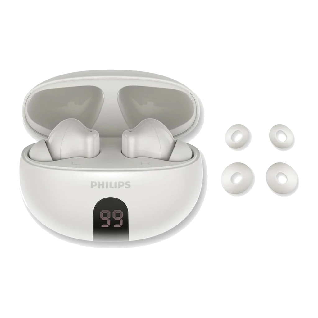 Philips TAT2520WT True Wireless Branco, vista principal: estojo aberto em ângulo com auriculares dentro e ecrã LED 99 - Item3