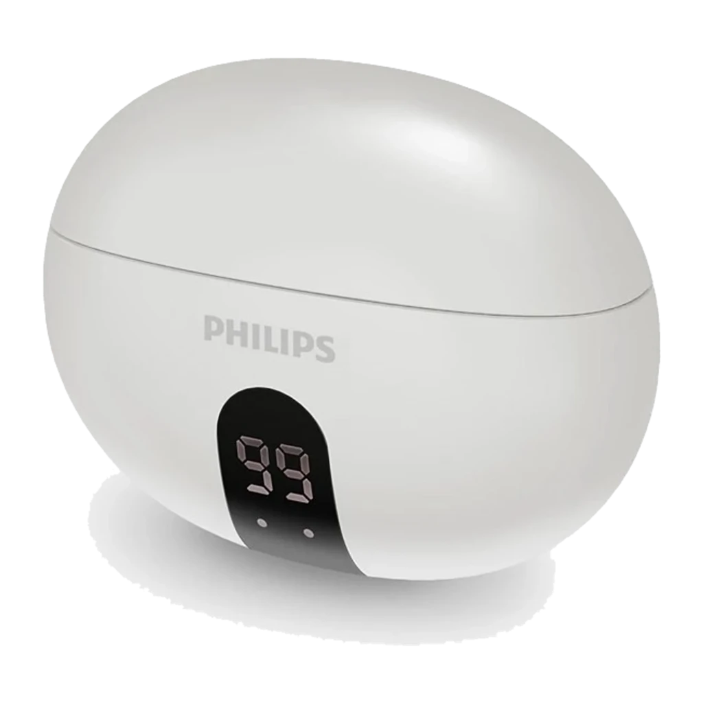 Philips TAT2520WT True Wireless Branco, vista principal: estojo aberto em ângulo com auriculares dentro e ecrã LED 99 - Item1