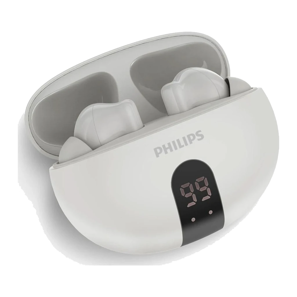 Philips TAT2520WT True Wireless Branco, vista principal: estojo aberto em ângulo com auriculares dentro e ecrã LED 99 - Item2