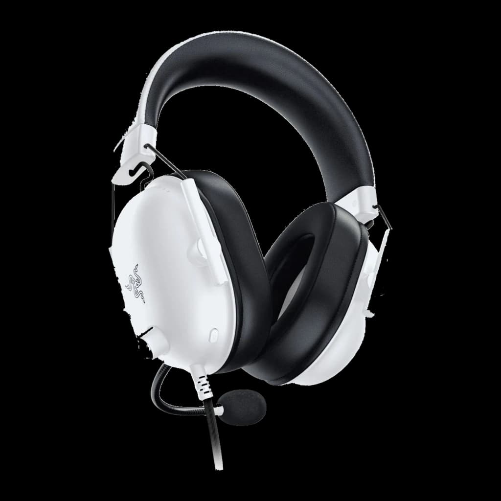 Razer BlackShark V2 X Special Edition Blanco, vista lateral derecha: logo Razer en carcasa blanca y micrófono plegado hacia