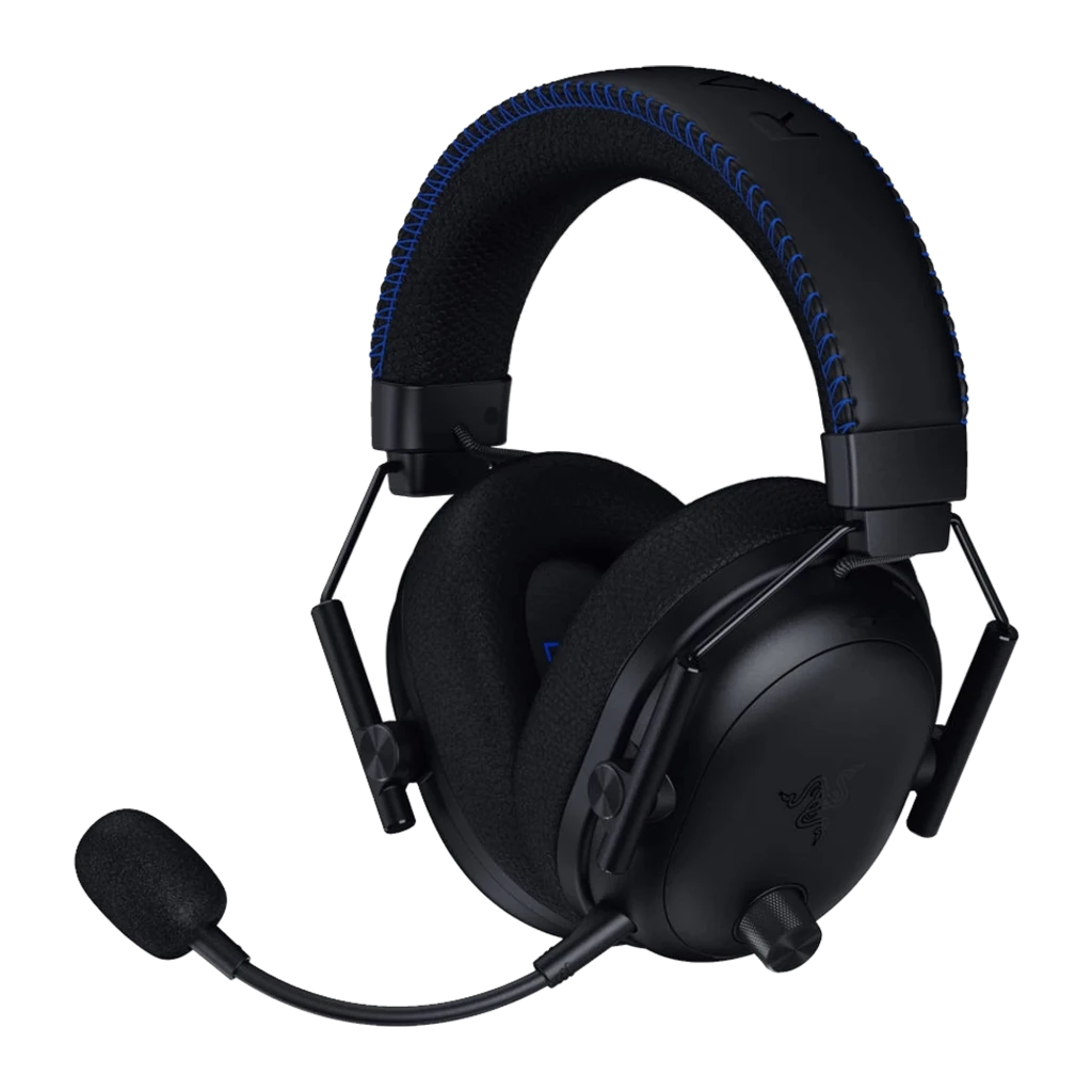 Razer BlackShark V3 Pro noir, vue de face: arceau avec coutures bleues, coussinets et microphone flexible - Ítem1