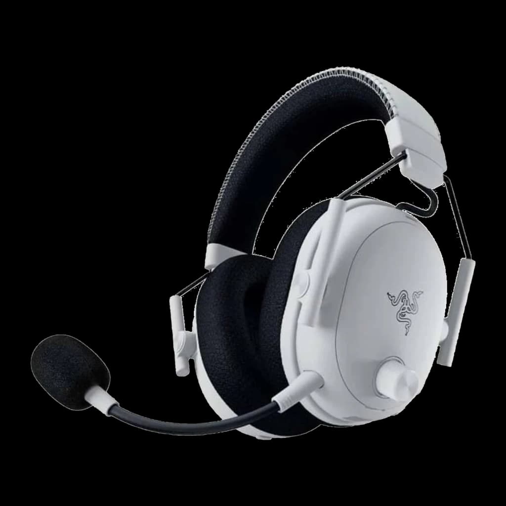 Razer BlackShark V3 X HyperSpeed PlayStation Blanc, vue latérale: logo Razer sur coque droite, molette de volume et
