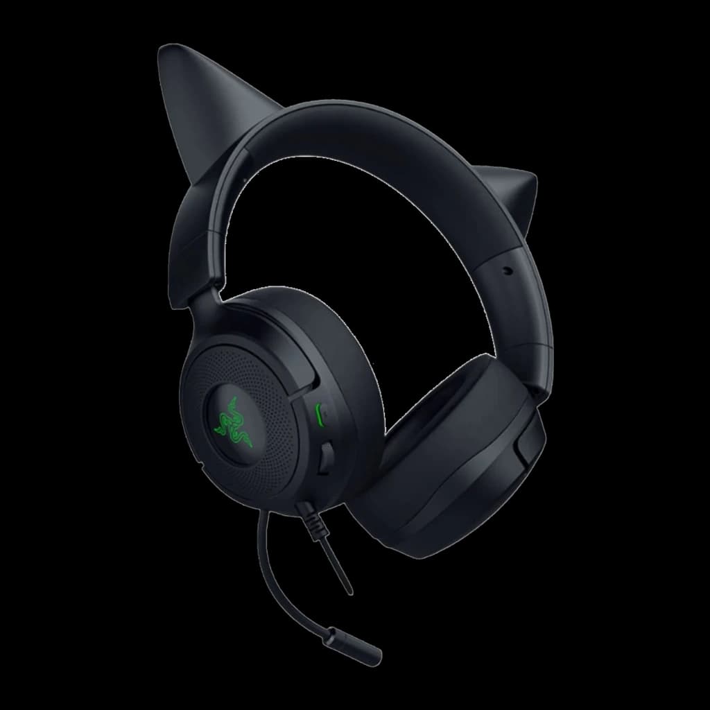 Razer Kraken Kitty V3 X Noir, vue de face en angle: oreilles de chat, logo vert illuminé et microphone flexible