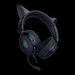 Razer Kraken Kitty V3 X Noir, vue de face en angle: oreilles de chat, logo vert illuminé et microphone flexible