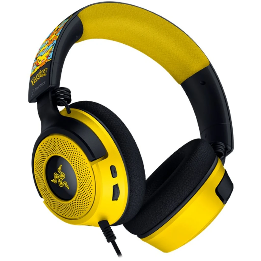 Razer Kraken V4 X Pokémon Kanto Starters Edition noir jaune, vue 3/4 avant: arceau imprimé Pokémon, coussinets noirs et - Ítem1