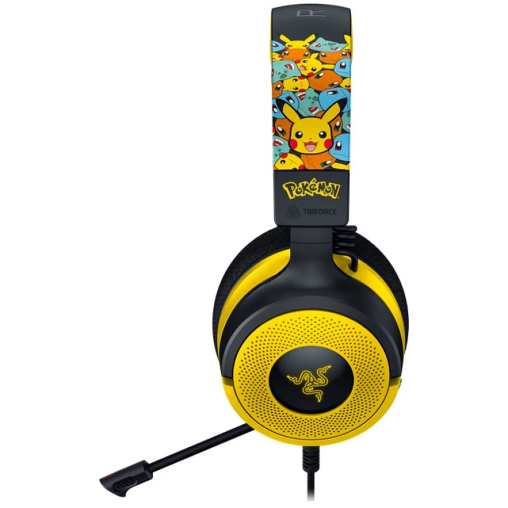 Razer Kraken V4 X Pokémon Kanto Starters Edition noir jaune, vue 3/4 avant: arceau imprimé Pokémon, coussinets noirs et - Ítem2
