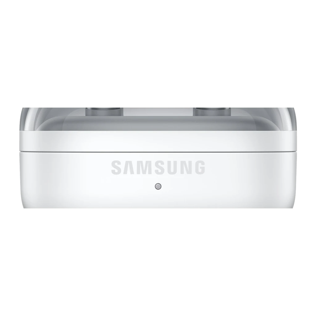 Samsung Galaxy Buds 4 Branco, vista frontal: estojo aberto com auriculares alojados, logo Samsung e LED indicador - Item1