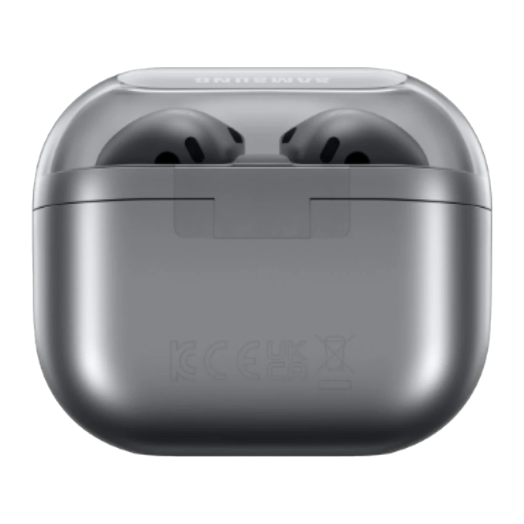 Samsung Galaxy Buds3 SM-R530 Prata, vista frontal: estojo aberto com auriculares dentro, LEDs azul e laranja visíveis - Item1