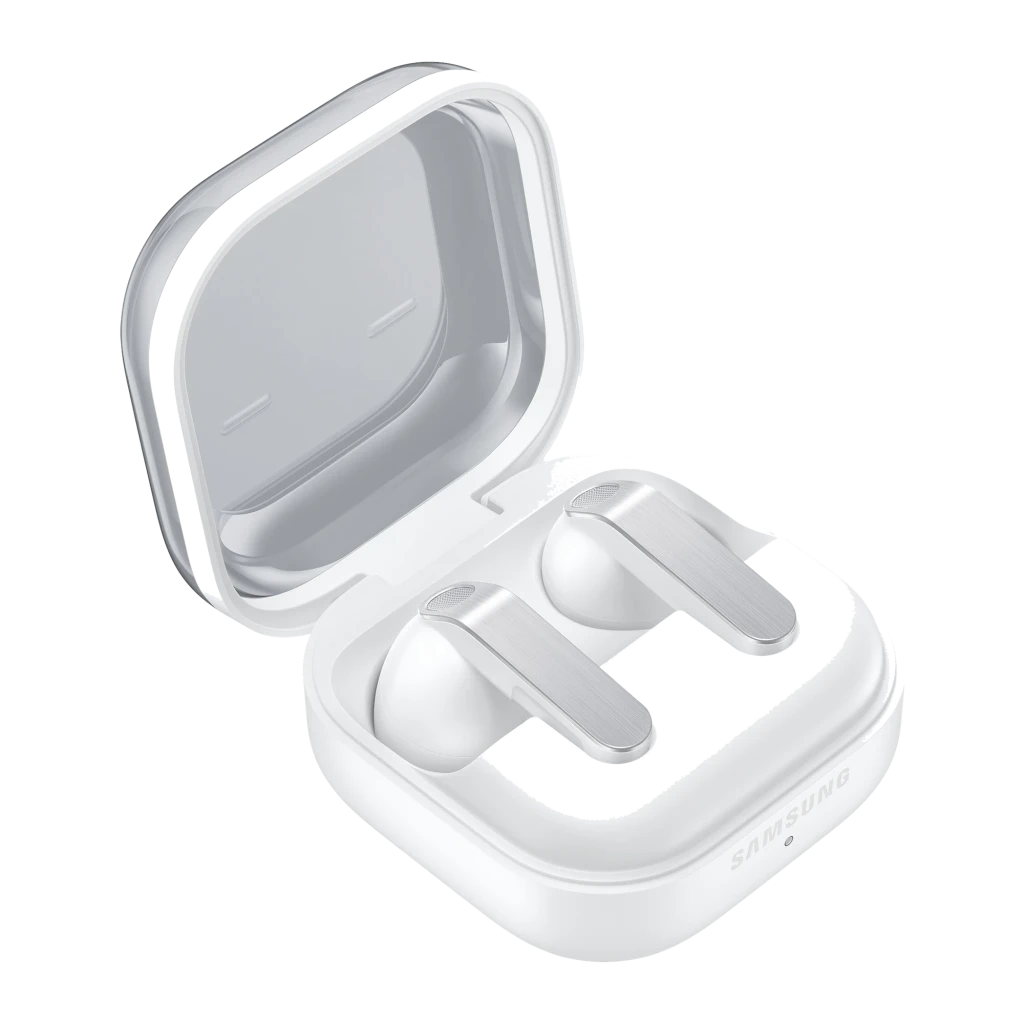 Samsung Galaxy Buds4 SM-R540 branco, vista frontal: estojo fechado com tampa transparente e logo Samsung - Item3