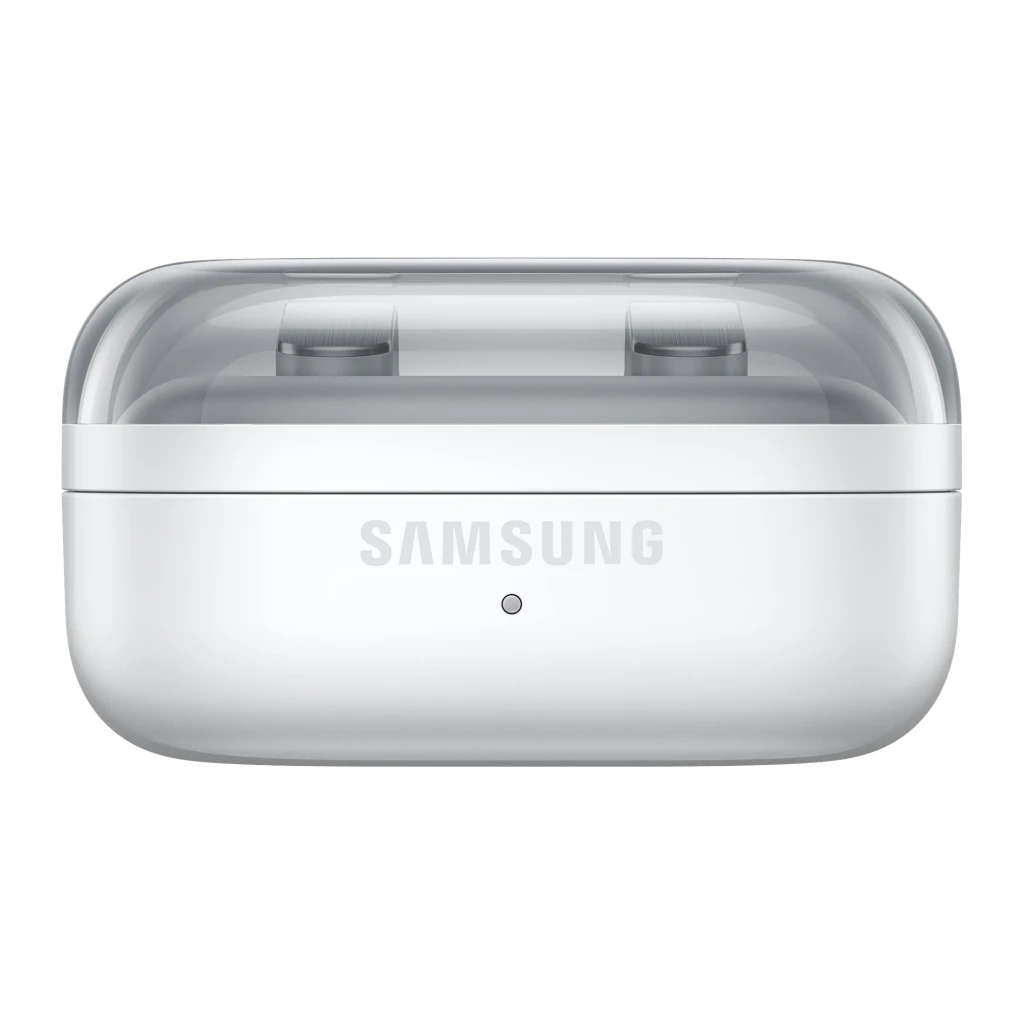 Samsung Galaxy Buds4 SM-R540 branco, vista frontal: estojo fechado com tampa transparente e logo Samsung - Item4