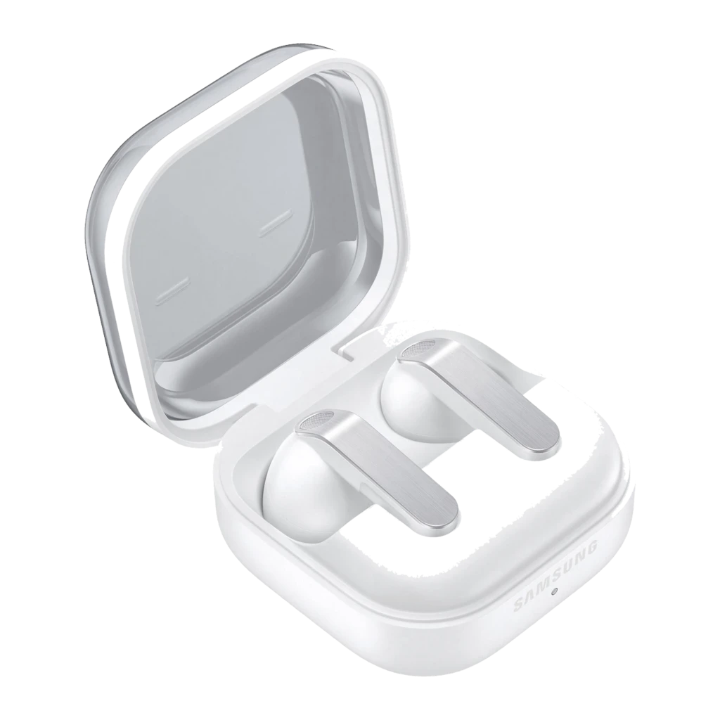 Samsung Galaxy Buds4 SM-R540 branco, vista frontal: estojo fechado com tampa transparente e logo Samsung - Item5
