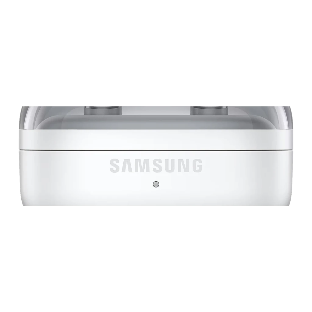 Samsung Galaxy Buds4 SM-R540 branco, vista frontal: estojo fechado com tampa transparente e logo Samsung - Item1