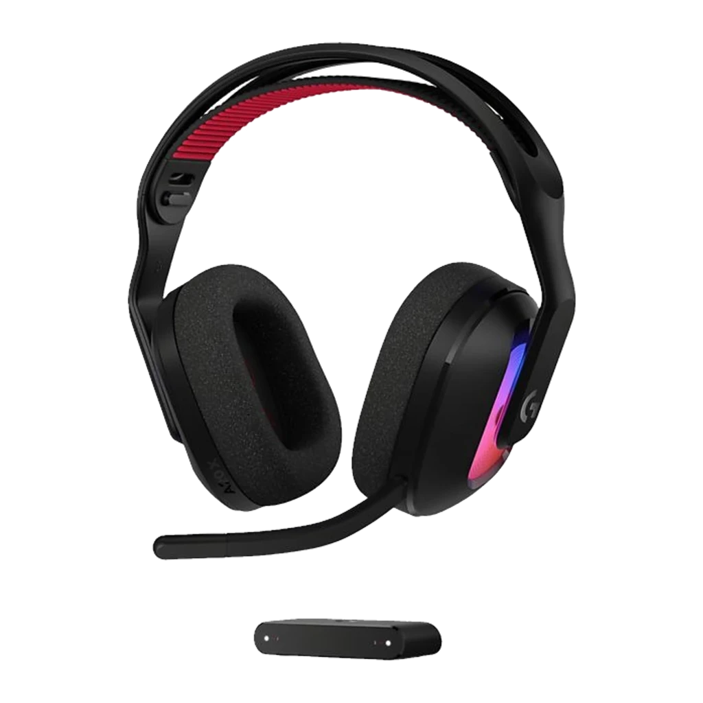 Logitech G Astro A20 X noir, vue de face: casque avec coussinets en tissu, éclairage RGB, arceau rouge et transmetteur sans - Ítem3