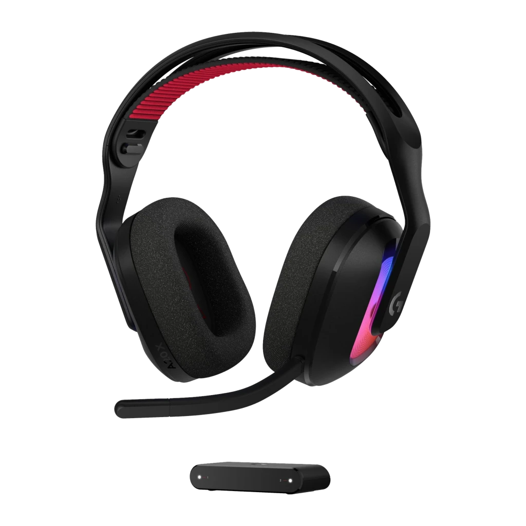 Logitech G Astro A20 X noir, vue de face: casque avec coussinets en tissu, éclairage RGB, arceau rouge et transmetteur sans - Ítem4