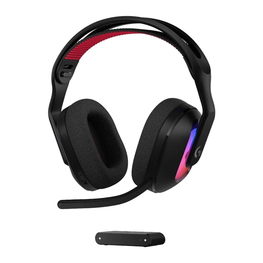 Logitech G Astro A20 X noir, vue de face: casque avec coussinets en tissu, éclairage RGB, arceau rouge et transmetteur sans - Ítem5