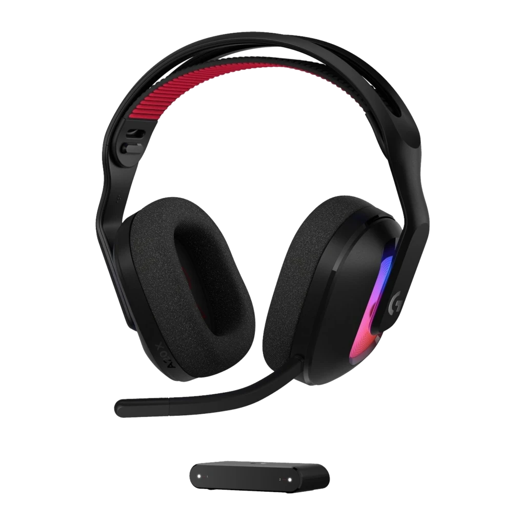 Logitech G Astro A20 X noir, vue de face: casque avec coussinets en tissu, éclairage RGB, arceau rouge et transmetteur sans - Ítem6
