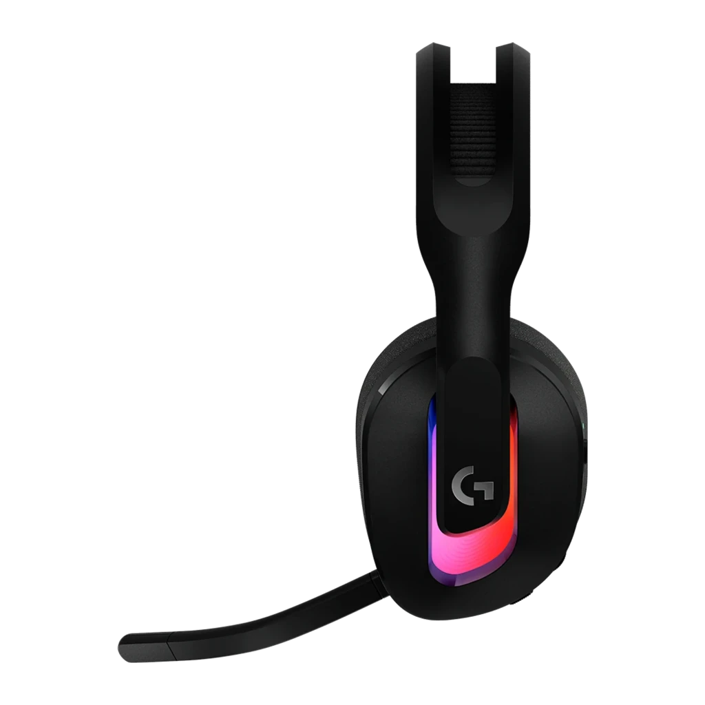 Logitech G Astro A20 X noir, vue de face: casque avec coussinets en tissu, éclairage RGB, arceau rouge et transmetteur sans - Ítem1