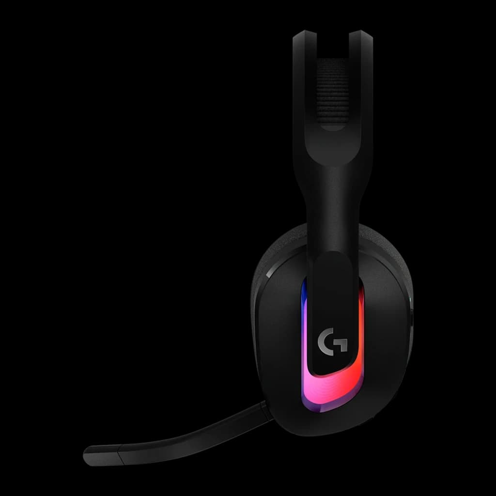 Logitech G Astro A20 X preto, vista lateral direita: iluminação RGB na cápsula com logo G, microfone boom e arco ajustável