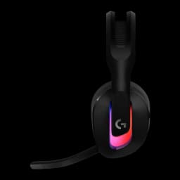 Logitech G Astro A20 X preto, vista lateral direita: iluminação RGB na cápsula com logo G, microfone boom e arco ajustável