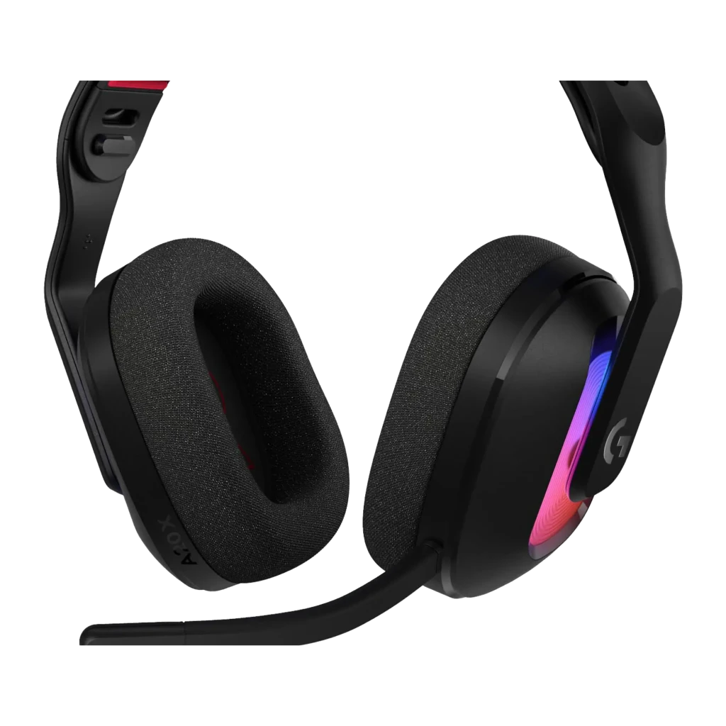 Logitech G Astro A20 X noir, vue de face: casque avec coussinets en tissu, éclairage RGB, arceau rouge et transmetteur sans - Ítem2