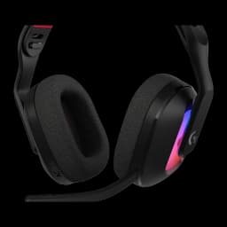 Logitech G Astro A20 X preto, close-up almofadas: detalhe das almofadas de tecido, iluminação RGB e logo A20X na cápsula