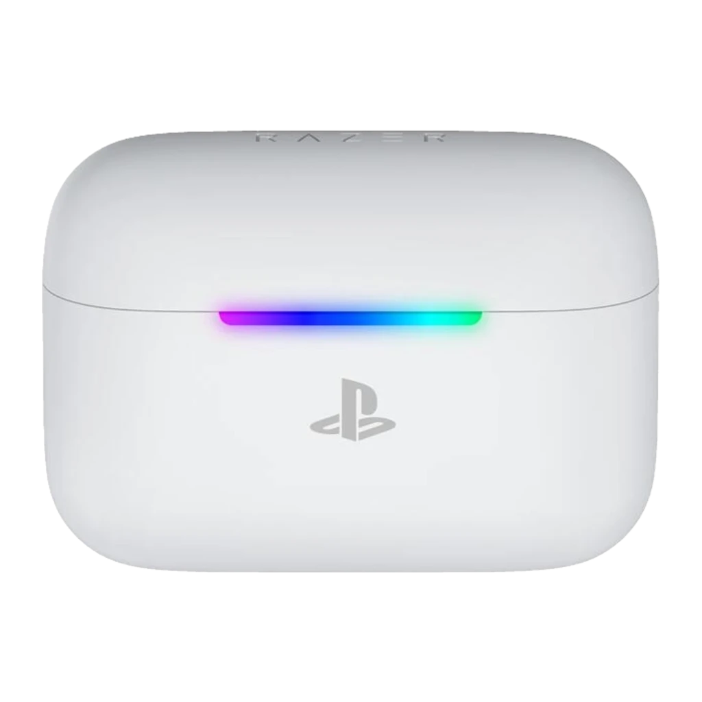 Razer Hammerhead V3 X HyperSpeed PlayStation Blanc, vue en perspective: étui ouvert avec éclairage RGB et écouteur droit - Ítem1