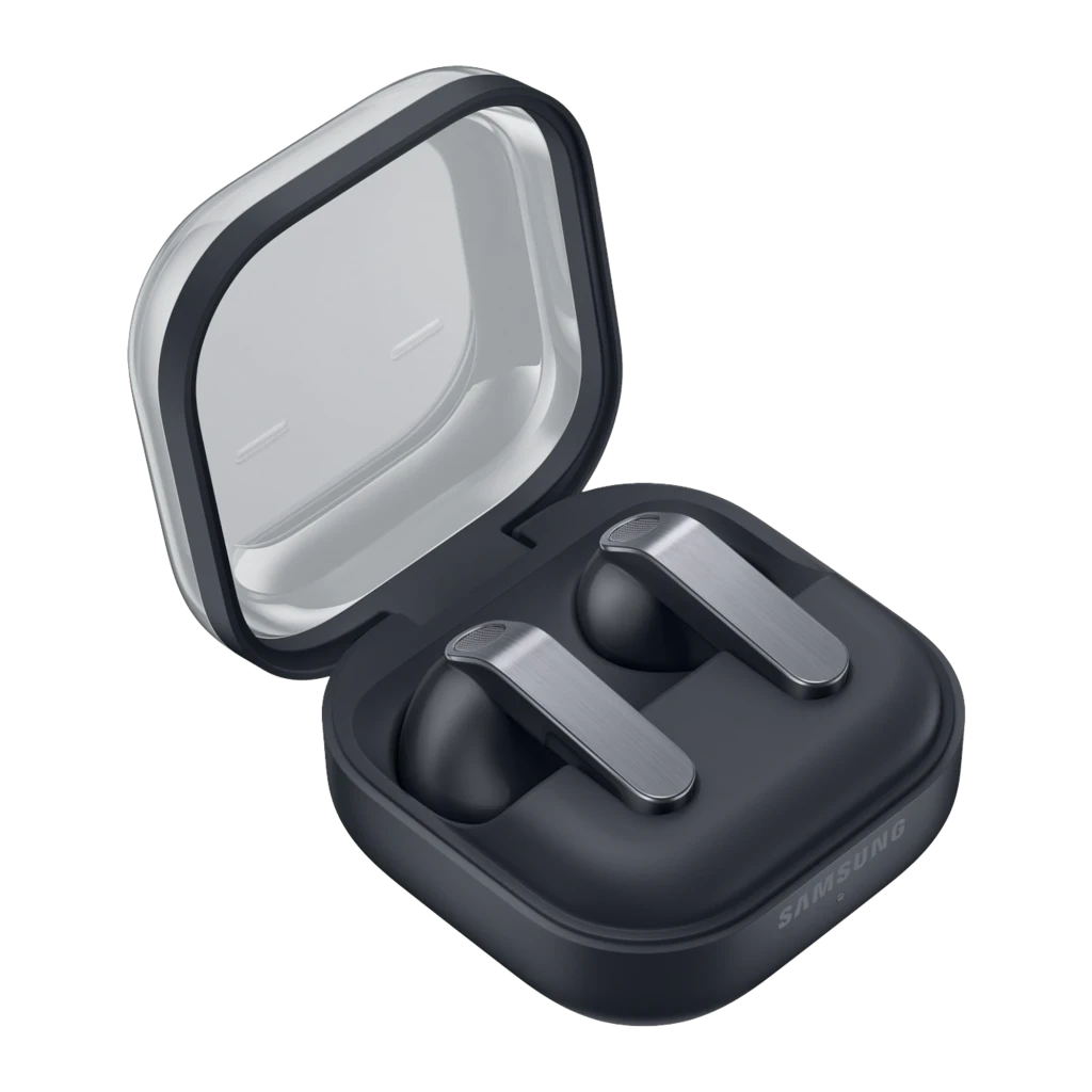 Samsung Galaxy Buds 4 noir, vue de face: étui ouvert avec les deux écouteurs et tiges métalliques argentées - Ítem1