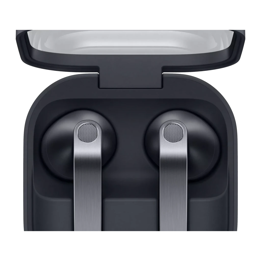 Samsung Galaxy Buds 4 noir, vue de face: étui ouvert avec les deux écouteurs et tiges métalliques argentées - Ítem2