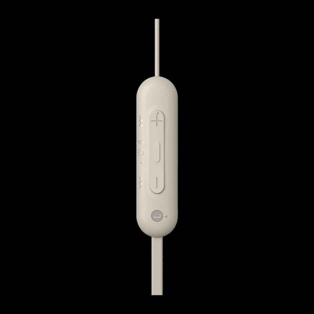 Sony WI-C100 Beige, detalle del mando: botones de volumen, multifunción e indicador LED visibles de frente