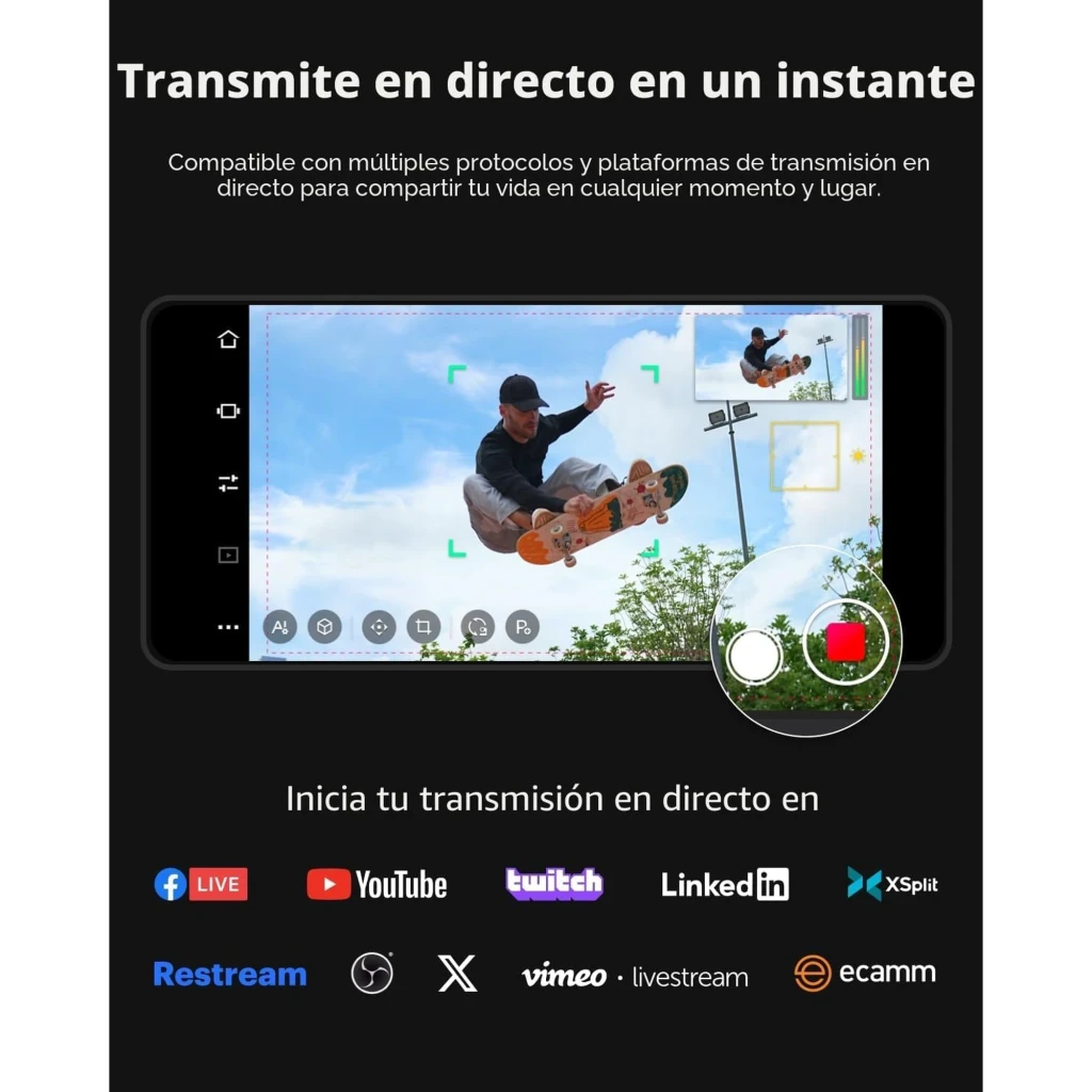 OBSBOT Tail Air 4K IA 512GB negro, vista frontal en ángulo: lente gran angular, base giratoria con luz azul y logo OBSBOT - Ítem1