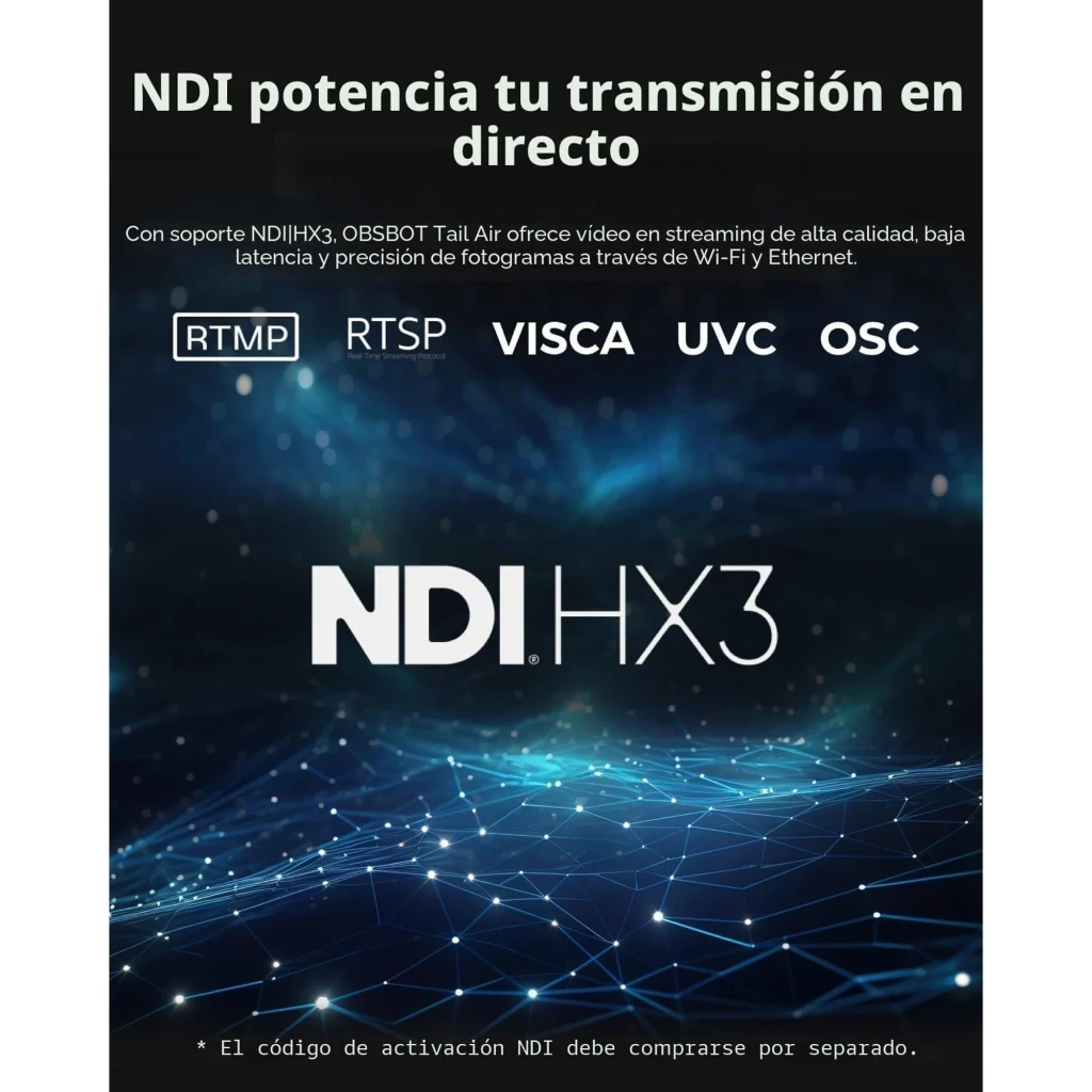 OBSBOT Tail Air 4K IA 512GB negro, vista frontal en ángulo: lente gran angular, base giratoria con luz azul y logo OBSBOT - Ítem2