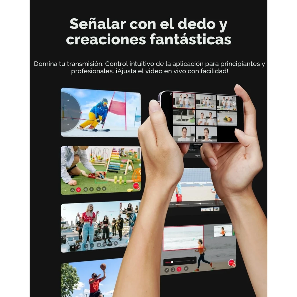 OBSBOT Tail Air 4K IA 512GB negro, vista frontal en ángulo: lente gran angular, base giratoria con luz azul y logo OBSBOT - Ítem3
