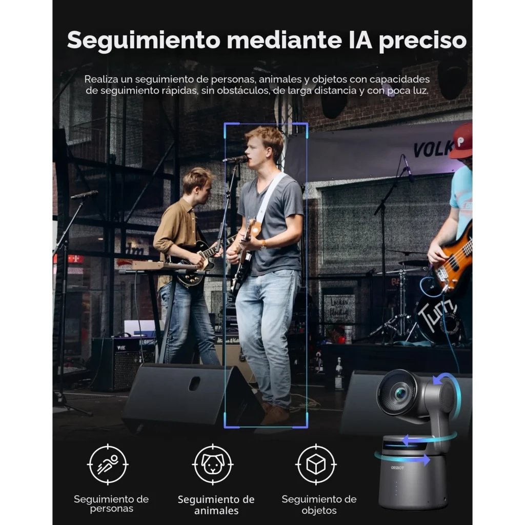 OBSBOT Tail Air 4K IA 512GB negro, vista frontal en ángulo: lente gran angular, base giratoria con luz azul y logo OBSBOT - Ítem4
